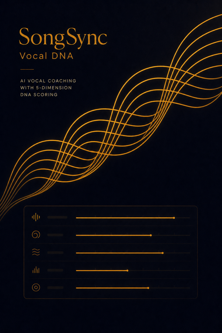 SongSync 5-dimension vocal DNA scoring screen: pitch / rhythm / vibrato / breath / expression + weak-spot timestamps